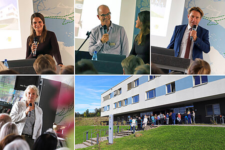 Die Fotos in dieser Collage zeigen zwei Frauen und zwei Männer, die jeweils mit Mikrofon in der Hand vor Publikum sprechen, sowie eine Außenansicht des Klinikgebäudes Wangen, vor dem zahlreiche Gäste der Jubiläumsfeier stehen und sich unterhalten.