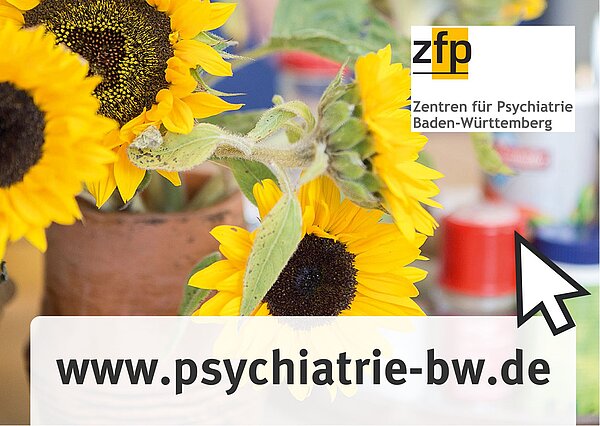 Man sieht im Hintergrund ein Motiv mit Sonnenblumen und davor die URL www.psychiatrie-bw.de