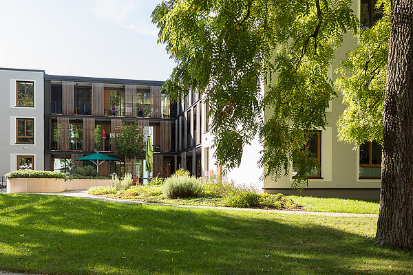 Programm Psychiatrische Fortbildungen Sommer 2026 Im Vordergrund ist eine Wiese, die von einem großen Baum rechts beschattet wird. Dahinter ist ein mehrstöckiges Gebäude mit Balkonen in der Sonne.